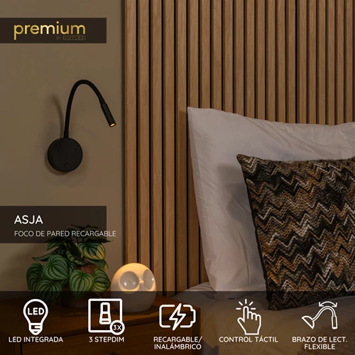 Lucide ASJA - Foco de pared / Lámpara de pared Recargable - Batería/acumulador - LED 3 StepDim - 1x3W 2700K - Negro | Premium - USP